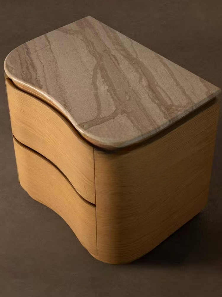Solid Ash Wood & Marble Nightstand – Designer Curved Bedside Storage Cabinet, Ready Assembled