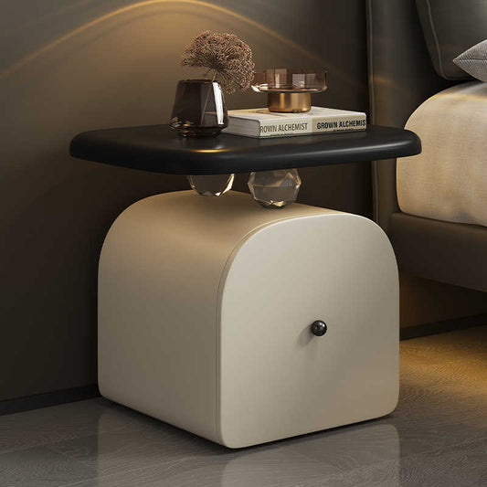 Modern Curved Nightstand with Hidden Drawer Storage, Italian Luxury Style Bedside Table with Cat Paw Leather Top, Mobile Side Table in Cream White