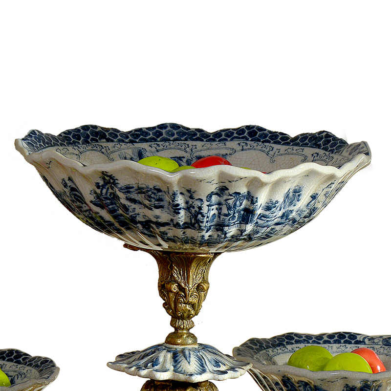 Multi-Tier Porcelain and Brass Fruit Bowl Centerpiece – Luxury Decorative Multi-Dish Stand for Living Room, Villa, Buffet, and Holiday Display