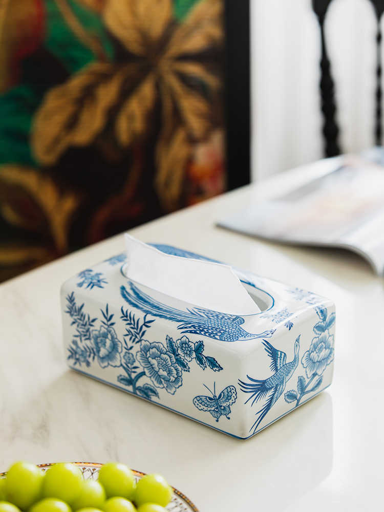 Blue and White Porcelain Tissue Box Set of 2, Ceramic Decorative Napkin Holder for Living Room, Coffee Table, Dining Desk, Floral & Bird Design Set