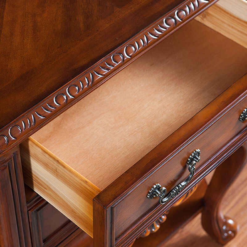 Classic American Solid Wood Half-Moon Console Table – European Style Carved Entryway Demilune Hall Table with Storage Drawers & Display Shelf