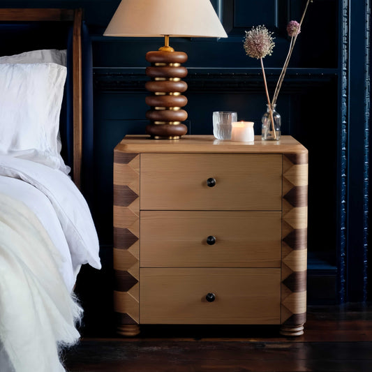 Designer Vintage Solid Wood Striped Bedside Cabinet, Retro Luxury Minimalist Nightstand with Drawers, Custom Bedroom Storage Side Table