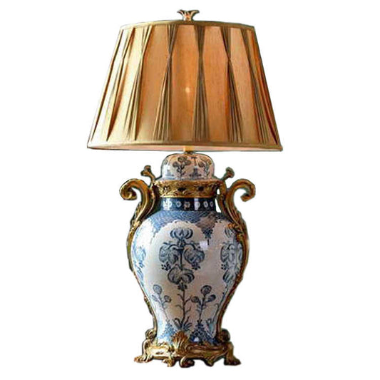 Luxury Blue and White Porcelain Ginger Jar Table Lamp with Brass Accents – Classic Decorative Lamp for Living Room, Bedroom, and Study