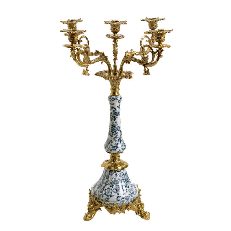 Blue and White Porcelain Brass 5-Arm Candelabra – European Court Style Candle Holder for Luxury Villas, Palaces, and Centerpiece Decor