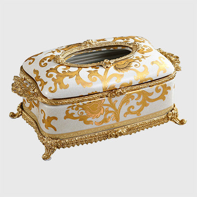 Luxury Gold Porcelain and Brass Tissue Box Holder – Decorative Napkin Organizer for Living Room, Dining Table, Office, and Coffee Table
