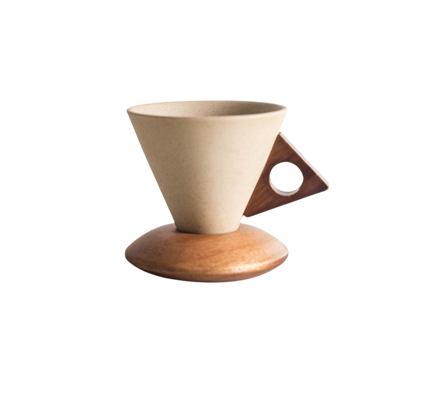 Ceramic Coffee Cup with Acacia Wood Handle and Saucer, 8.5 oz Beige Mug