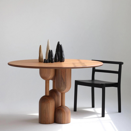 Natural Oak Designer Wabi-Sabi Round Dining Table – Artistic Modern Solid Wood Sculptural Accent, Custom Asymmetric Japanese Style Restaurant Table for Living Room or Sample Room