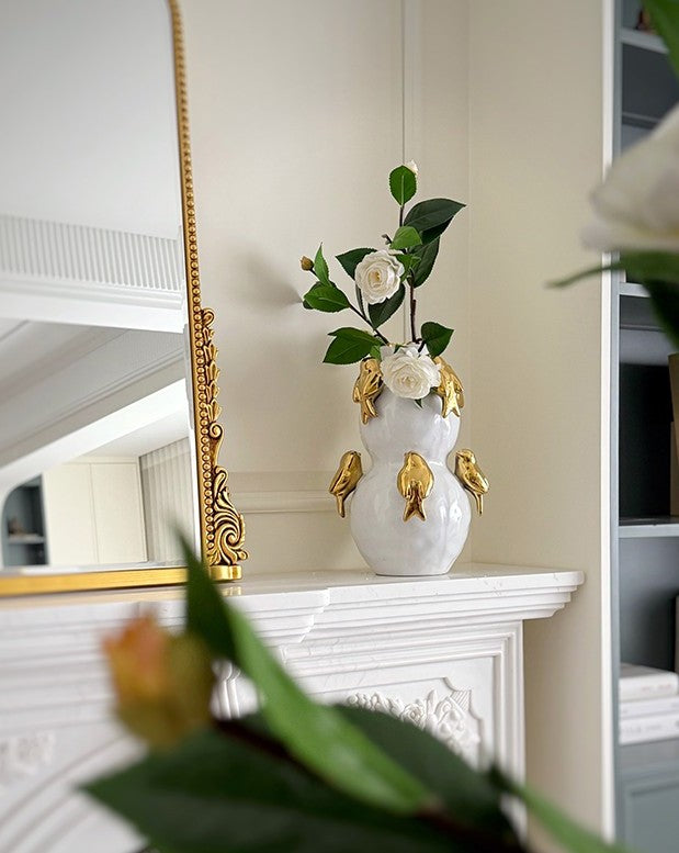 White Ceramic Vase with Gold Birds, Minimalist Art Flower Vessel with Gilt Bird Appliques, Modern Home Decor for Living Room & Entryway