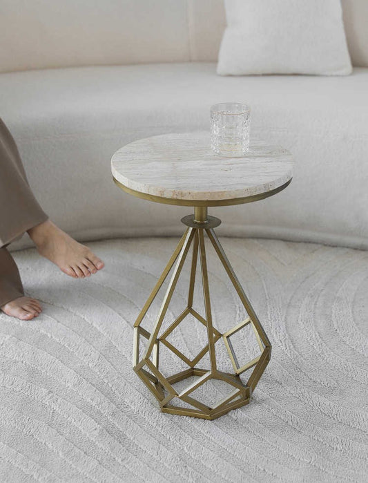 Minimalist Natural Yellow Travertine Marble Side Table, Luxury Geometric Gold Metal Accent Table for Living Room & Sofa