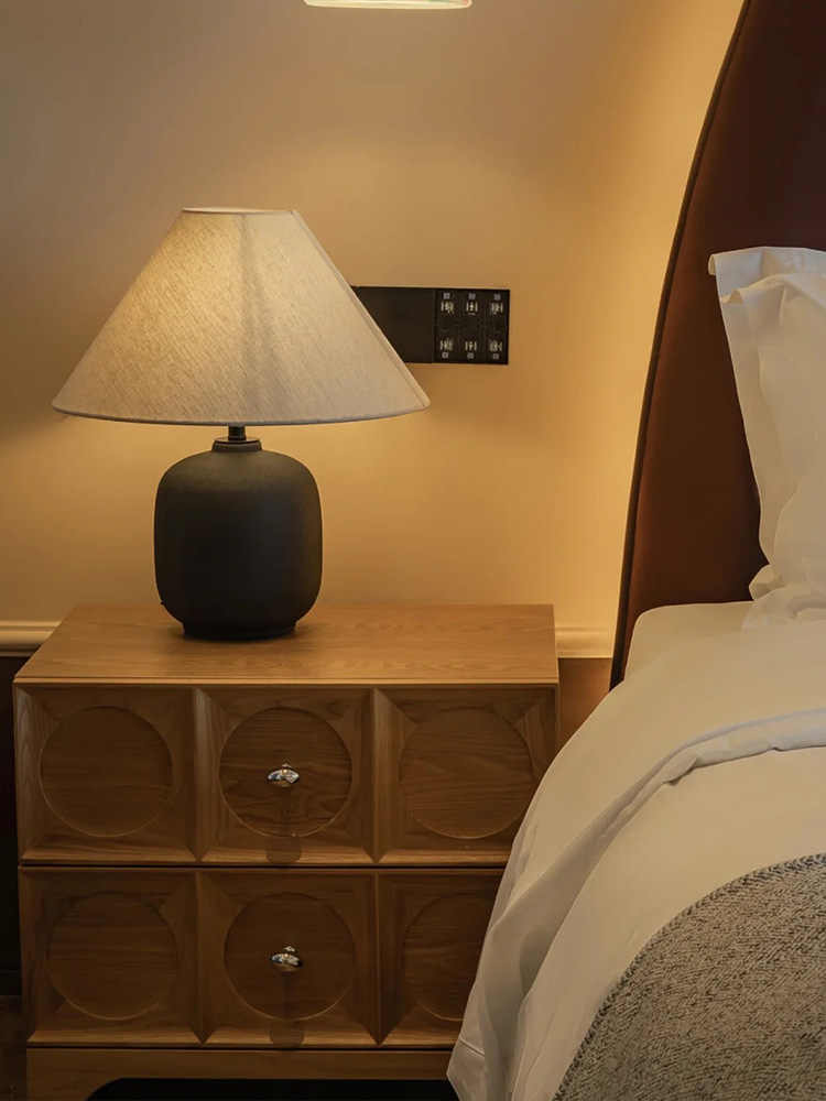 Modern Retro Solid Wood Bedside Storage Cabinet, Light Coffee Assembled Nightstand – Circle Carved Drawer Dresser, 6-Unit
