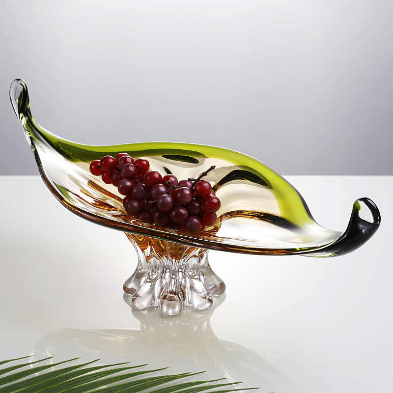 Luxury Modern Glass Fruit Bowl with Crystal Pedestal, Elegant Amber Green Gradient Serving Dish for Living Room Décor, Contemporary Art Glass Centerpiece