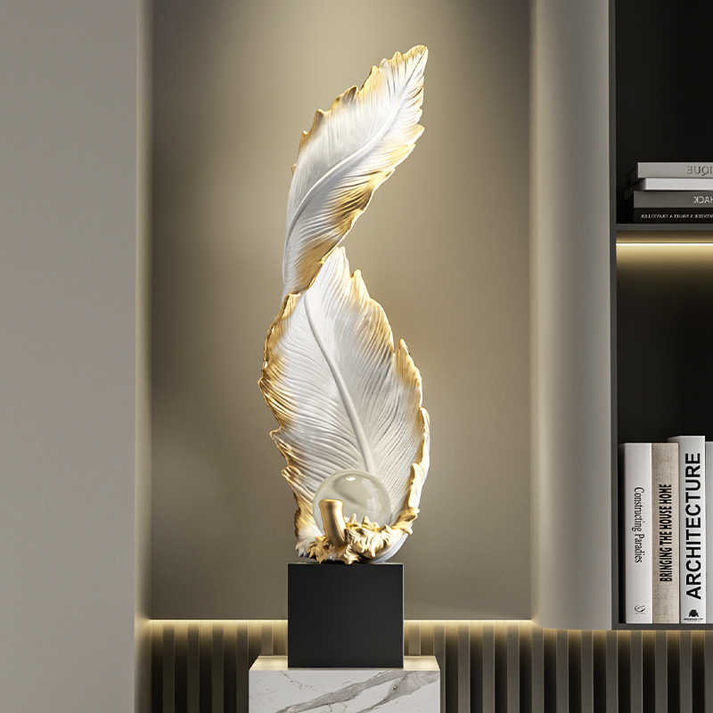 Elegant Feather Art Sculpture with Gold Accents on Black Marble Base, Luxury Contemporary Desktop Decoration for Office & Home, Statement Piece Gift