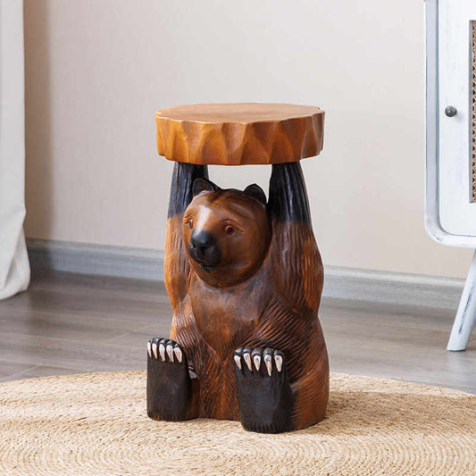 Hand-Carved Wooden Bear Stool with Tree Stump Base, Rustic Animal Accent Table for Entryway Shoe Change & Plant Stand,