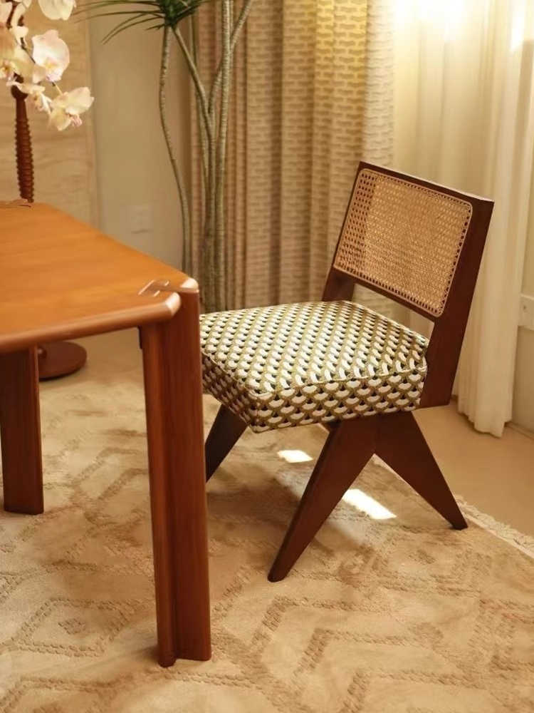 Mid-Century Rattan Back Solid Wood Accent Chair – Vintage Designer Single Dining & Study Chair for Home & Living Room