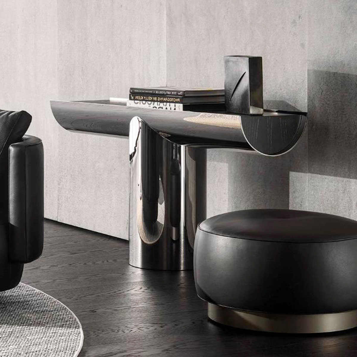 Italian Minimalist Stainless Steel Console Table, Modern Entryway Wall Table with Black Ash Top