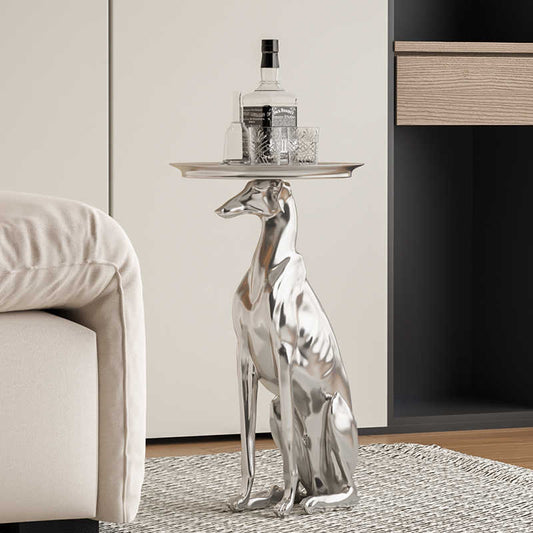 Luxury Metallic Greyhound Side Table Sculpture – High-End Chrome Finish Dog Statue with Serving Tray, Contemporary Animal Art Furniture