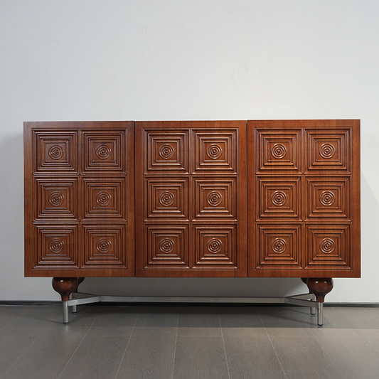 Mid-Century Traditional Carved Rosette Solid Wood Sideboard – Designer Three-Door Storage Cabinet with Relief Pattern, Premium Entryway Console for Living Room and Dining