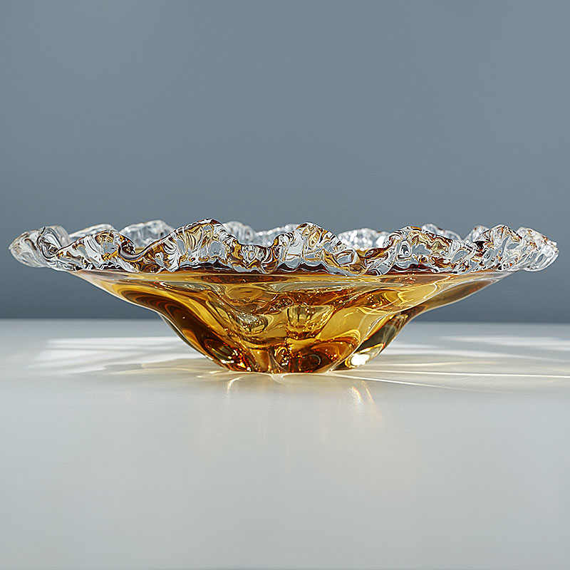 Luxury Gradient Amber Crystal Glass Fruit Bowl, Large Round Serving Dish with Scalloped Edges & Sunburst Design, Premium Home Decor