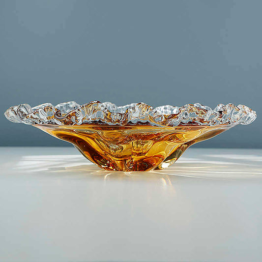Luxury Gradient Amber Crystal Glass Fruit Bowl, Large Round Serving Dish with Scalloped Edges & Sunburst Design, Premium Home Decor