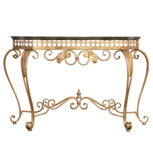 Vintage Country Console Table – Ornate Gold Metal Entryway Hall Table with Curved Legs and Art Deco Storage