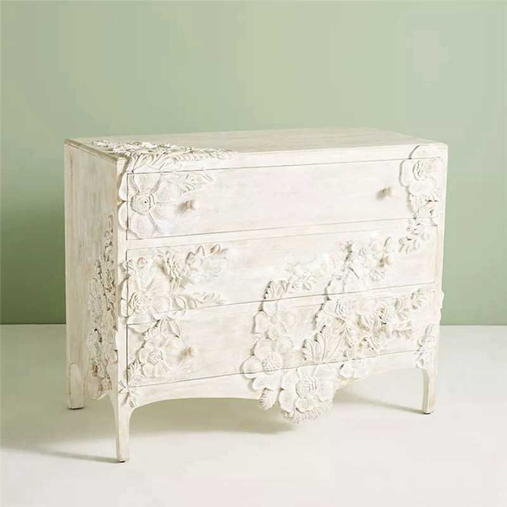 Carved White Solid Wood Dresser – 3-Drawer Floral Chest, Luxury Entryway Cabinet for Modern Vintage Foyer