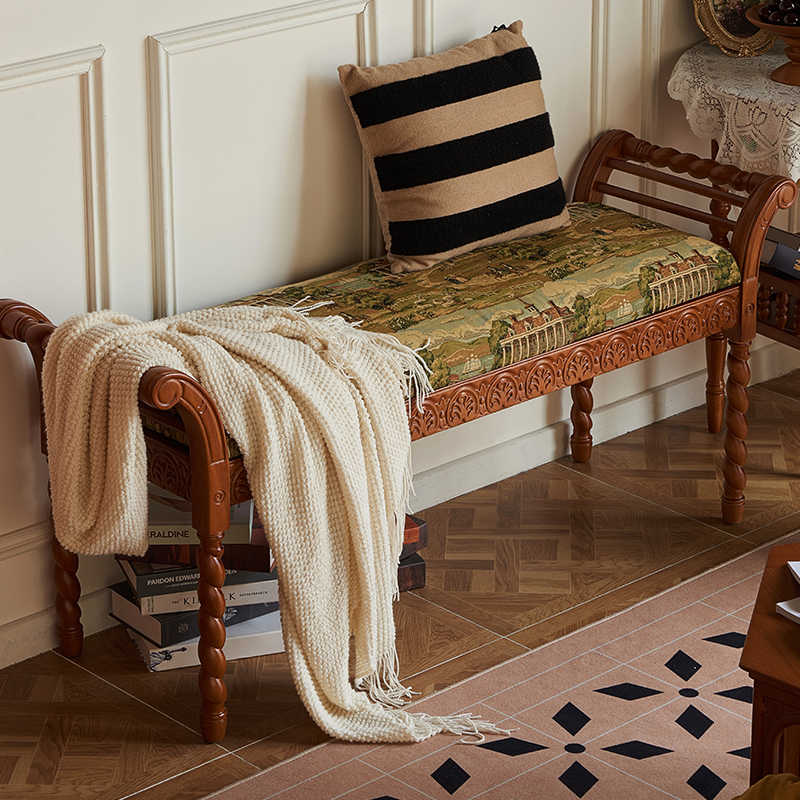 Camille Manor Vintage Upholstered Wooden Bench, Antique Carved Entryway Shoe Bench, French Style Bedroom End-of-Bed Ottoman