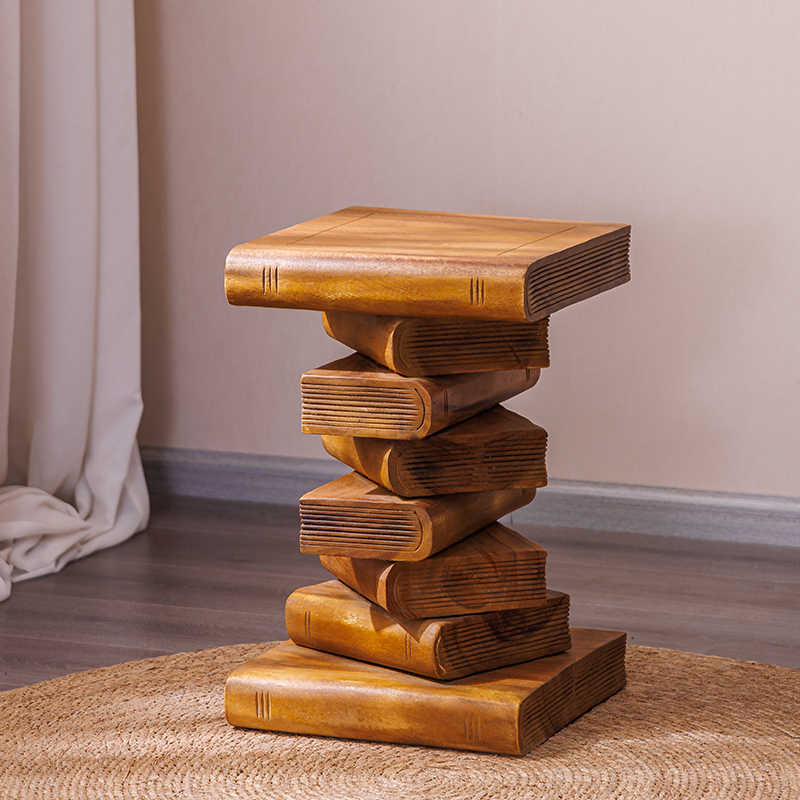 Thai Handcrafted Stacked Books Wooden Stool with Hidden Storage, Literary-Inspired Side Table & Shoe Changing Bench