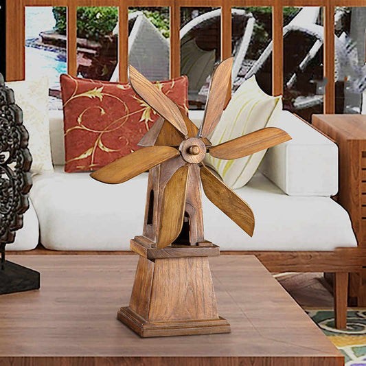 Thai Handcrafted Wooden Windmill Desktop Sculpture, Traditional Wood Carving Home Decor for Living Room & TV Cabinet Display