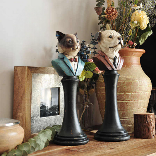 Vintage Country Gentleman Cat and Dog Figurine Set, Retro Sculpted Animal Decor for Entryway, Coffee Table, Gift