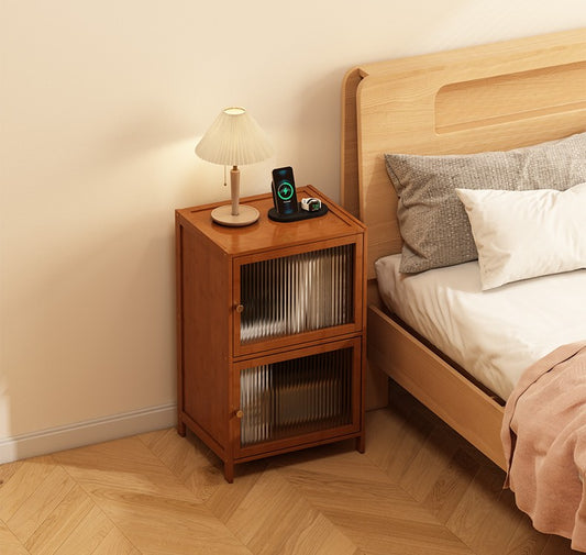 Modern Fluted Glass Side Cabinet – Living Room & Bedroom Storage Table, Double-Layer Organizer, Small 2-Door Nightstand