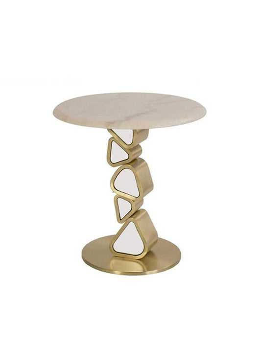 Modern Luxury Marble Side Table, Small Designer Round Coffee Table with Unique Geometric Metal Base, 18-Inch End Table for Living Room, Bedroom, Accent Corner