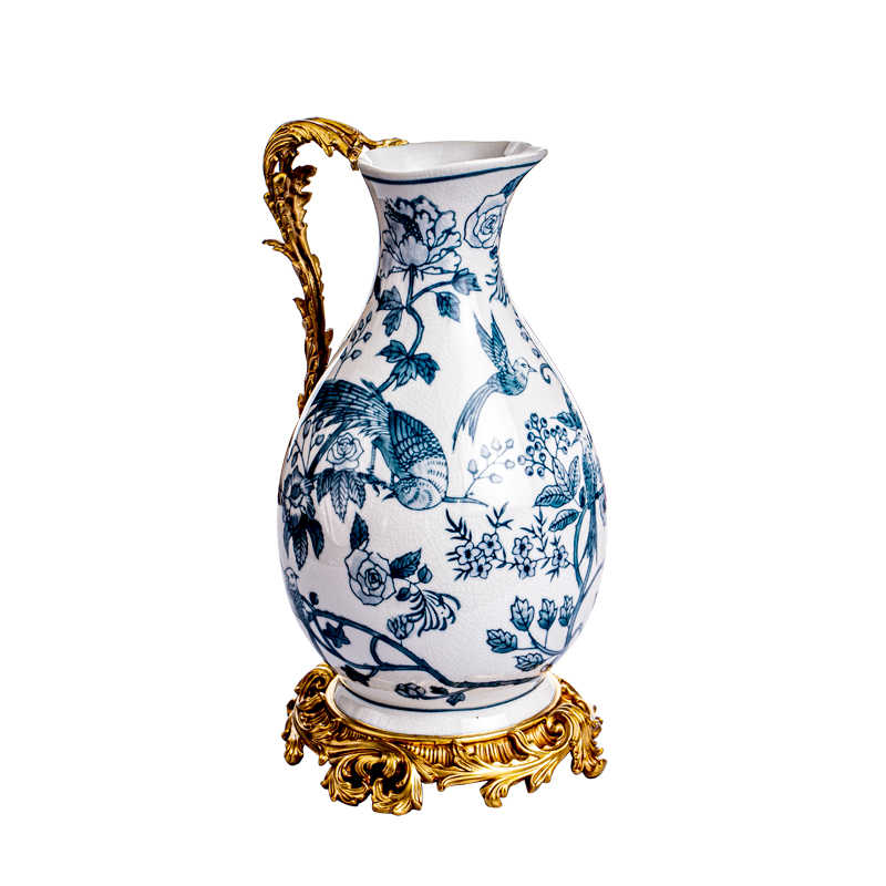 Elegant Blue Floral Porcelain Vase with Brass Base – Decorative Flower Holder for Living Room, Entryway, Tabletop