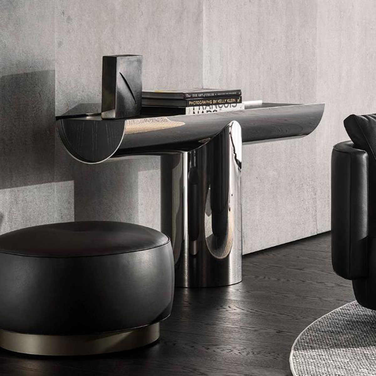 Italian Minimalist Stainless Steel Console Table, Modern Entryway Wall Table with Black Ash Top