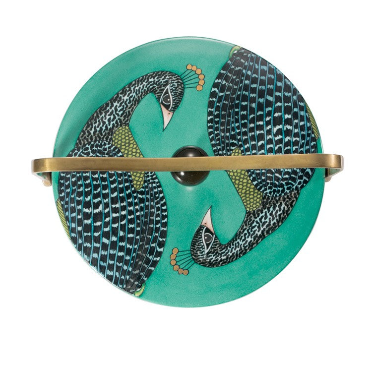 Peacock Porcelain Storage Box with Brass Handle – Decorative Lidded Trinket Organizer for Tabletop and Home Accents