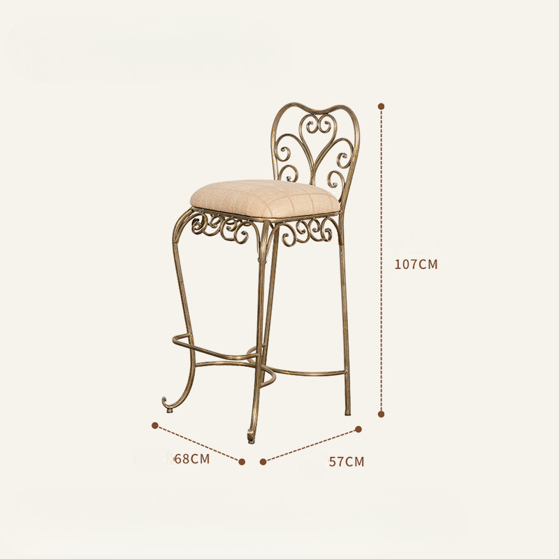 Vintage Wrought Iron Bar Stool – Retro Heart Back Metal Bar Chair with Cushion, Antique Tall Counter Stool