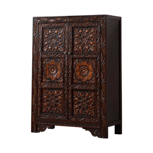 Vintage Southeast Asian Solid Wood Entryway Cabinet – Thai Style Chaji Rustic Shoe Storage & Living Room Console with Hand-Carved Floral Doors
