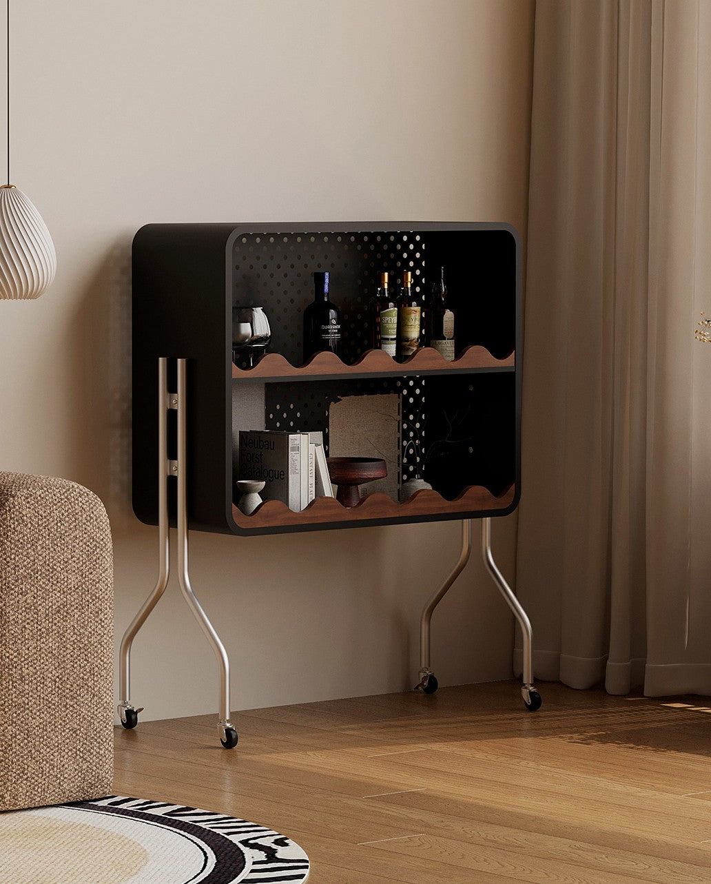 Modern Black Iron Bookshelf with Wheels, Mobile Industrial Display Storage Rack for Living Room, Bedroom, Office