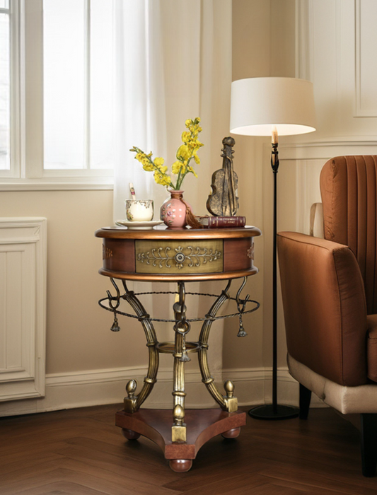 Vintage Round Side Table, Solid Wood Iron & Glass End Table, Classic Painted Accent Furniture