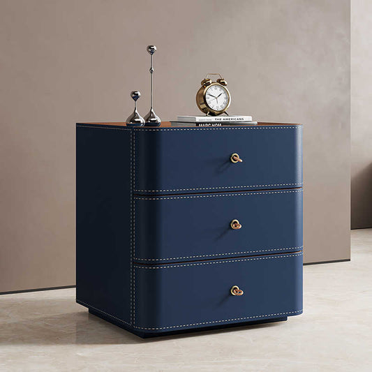 Luxury Modern Nightstand – Minimalist Saddle Leather & Solid Wood Side Table, High-End Bedside Cabinet with Stone Top