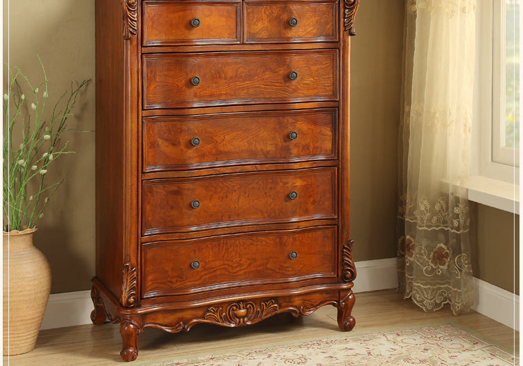 European Traditional Six-Drawer Tall Chest – Solid Wood American Country Style Dresser with Ornate Carved Details, Classic Bedroom Storage Furniture