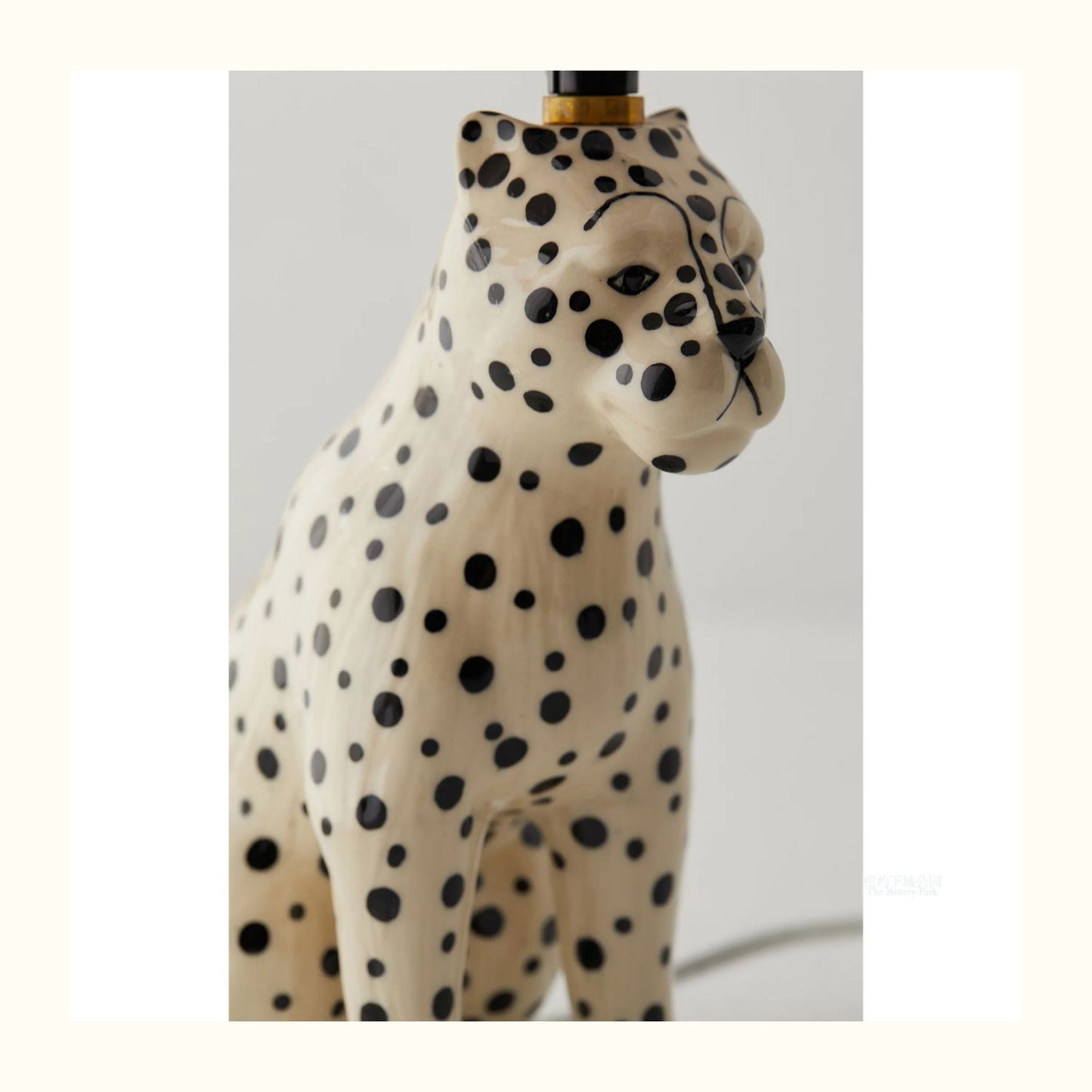 NYC Downtown Park Inspired Spotted Leopard Ceramic Table Lamp, Whimsical Children's Nursery Animal Lamp with Linen Shade, Snow Leopard Design