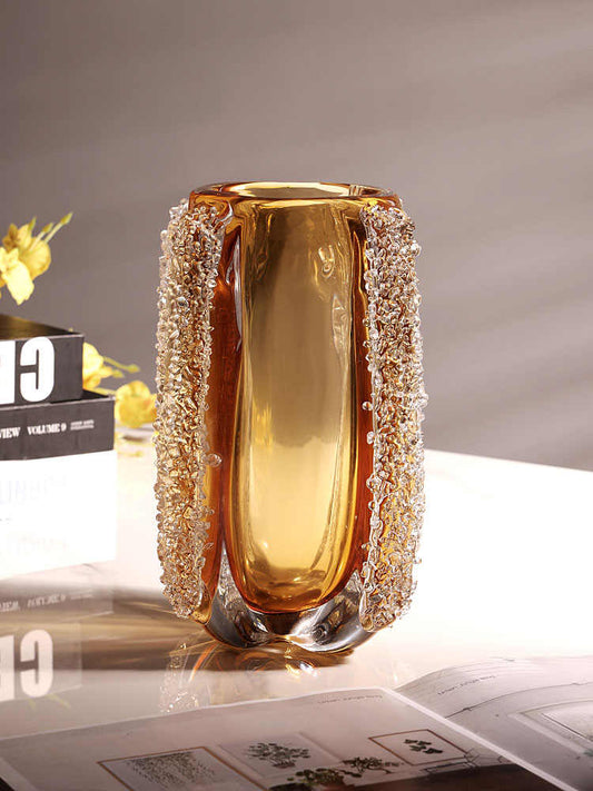 Luxury Modern Crystal Glass Vase, Amber Gold Textured Flower Vase with Chain Pattern for Living Room Hotel Entryway, Contemporary Water Arrangement Decor