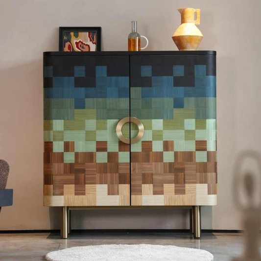 Vintage Mosaic Designer Cabinet – Retro Painted Entryway Buffet, Artistic Storage Sideboard for Modern & High-End Homes