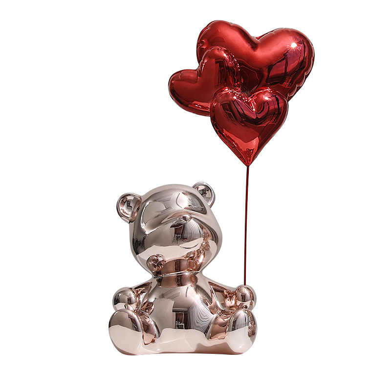 Chrome Teddy Bear with Heart Balloons Sculpture, Electroplated Bear Figurine for TV Cabinet, Living Room & Wine Cabinet Decor, Modern Luxury Accent