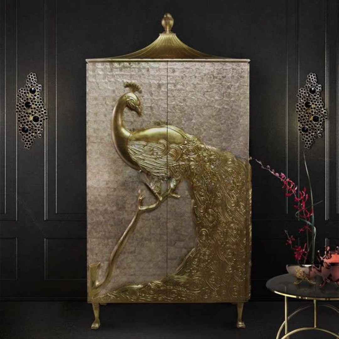 Neoclassical Double-Door Peacock Relief Storage Cabinet – Luxury Shell Carved Wardrobe, Solid Wood Custom Living/Bedroom Cabinet