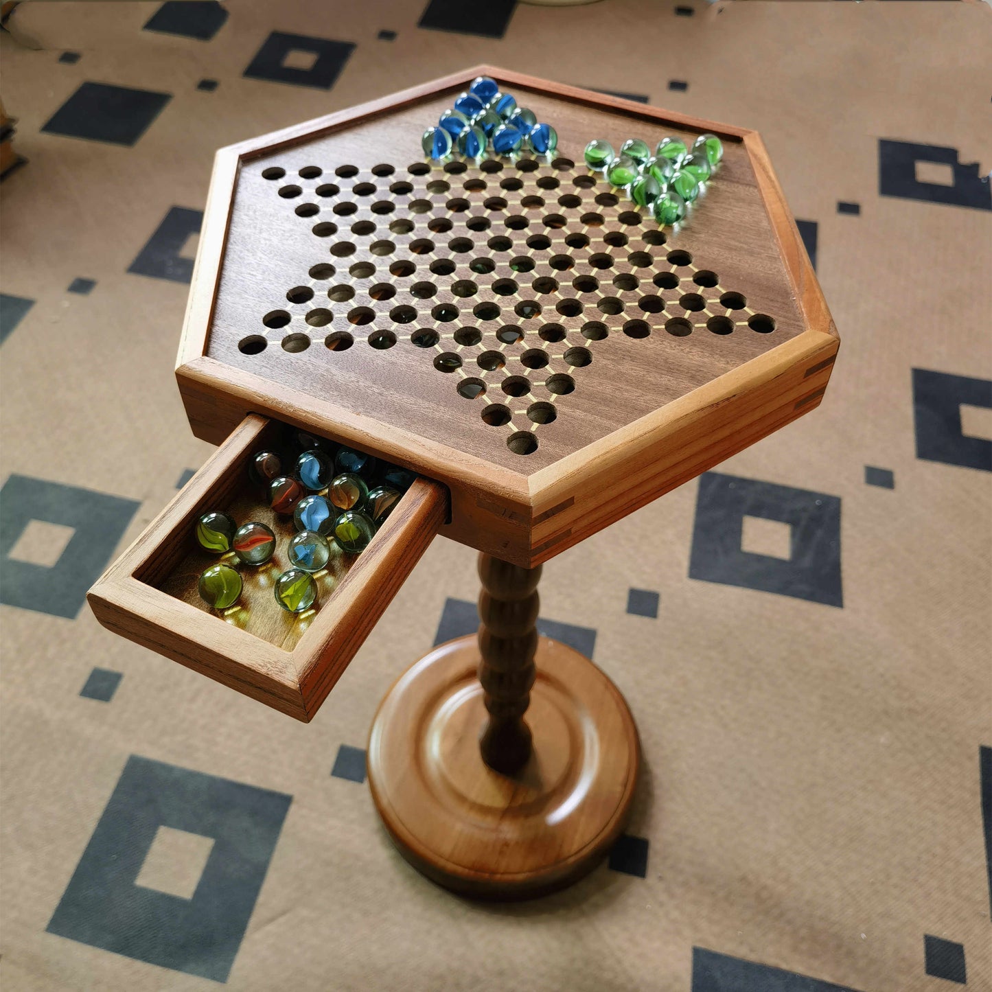 Walnut Wood Checkers Side Table with Storage Drawer, Nordic Style Hexagonal Game Table with Turned Pedestal Base