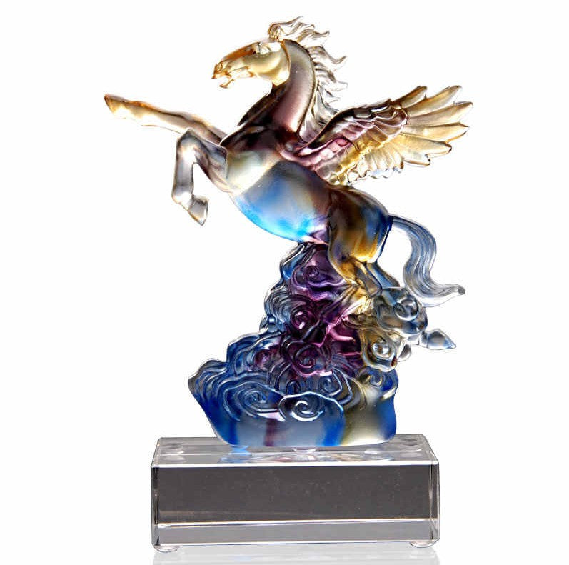 Amber Blue Crystal Pegasus Figurine, Luxury Winged Horse Sculpture for Modern Home Office Decor, Large Art Glass Collectible