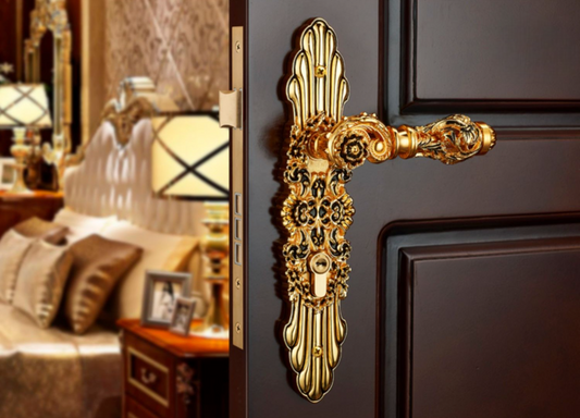 Luxury Gold Door Handle Set, Ornate Zinc Alloy Silent Magnetic Lever Lock for Interior Wood Doors, Classic Vintage Villa & Room Hardware