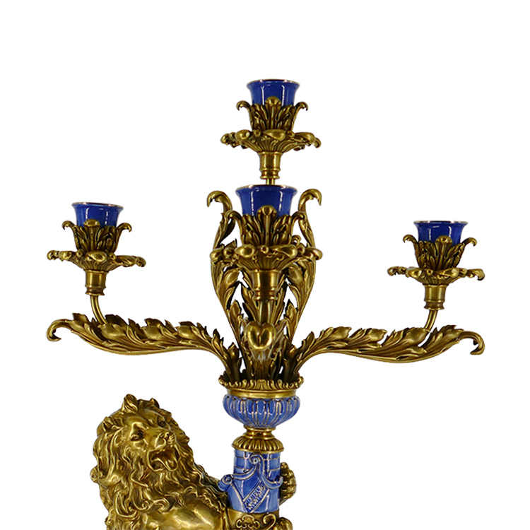 Luxury Blue Porcelain Brass Lion Candelabra – Villa Entrance Candle Holder Centerpiece