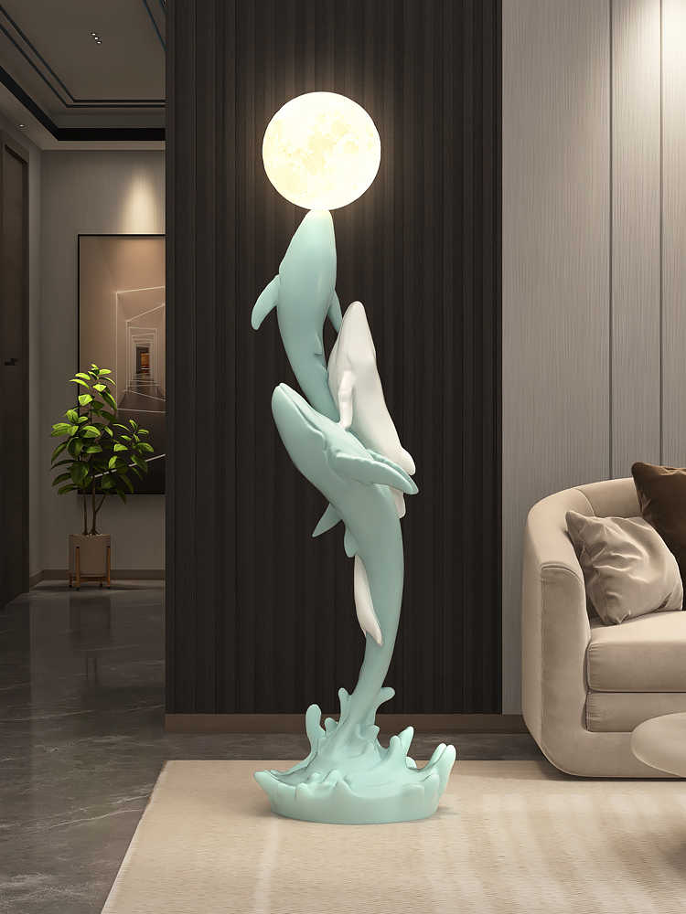 Large Whale Floor Sculpture with LED Moon Lamp, Luxury Resin Marine Life Statue for Living Room, TV Cabinet & Entryway Decor, Housewarming Gift